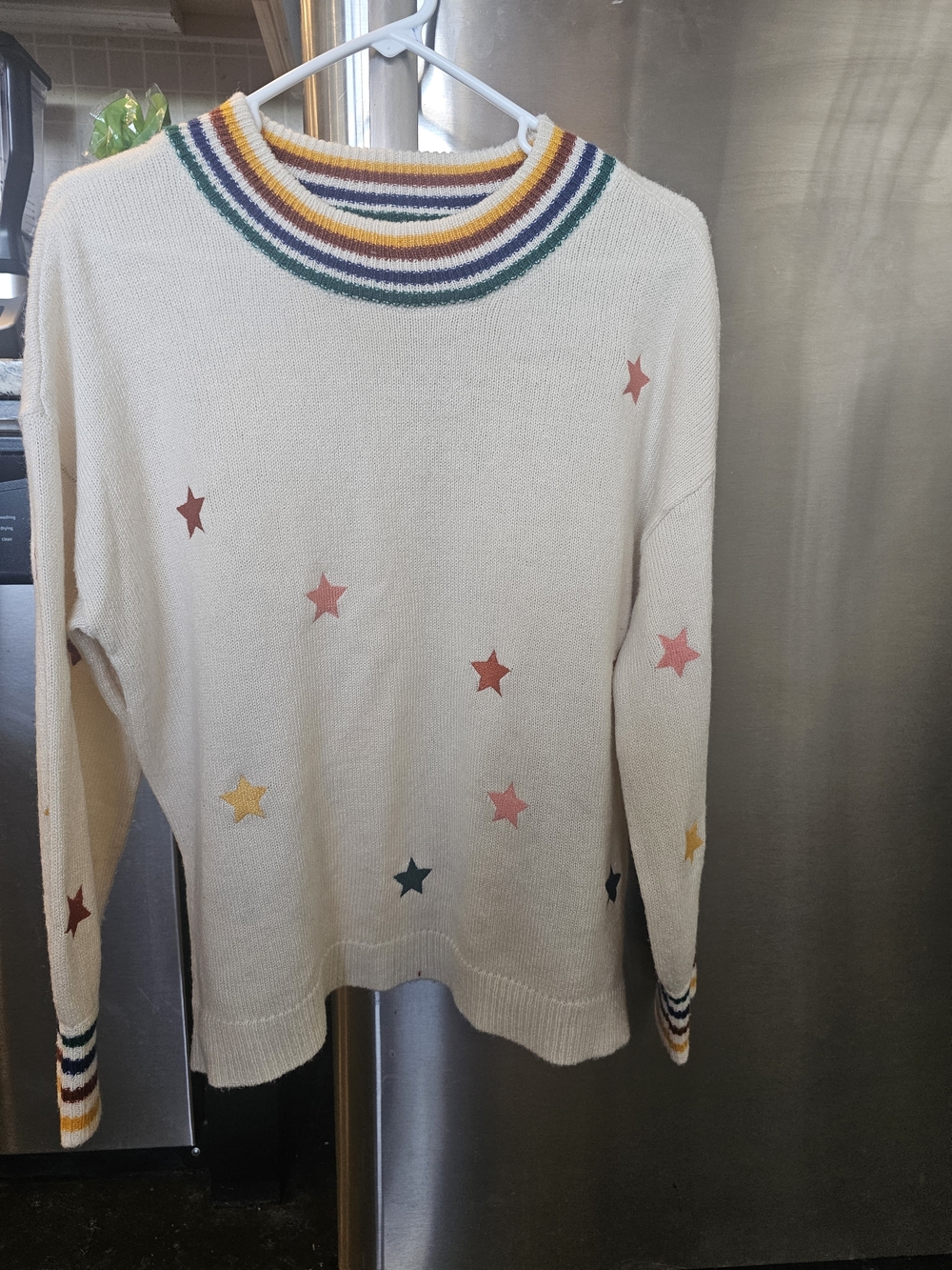 Maurices Cream Crewneck Sweater with Multicolor Star Motif - Picture 2 of 4